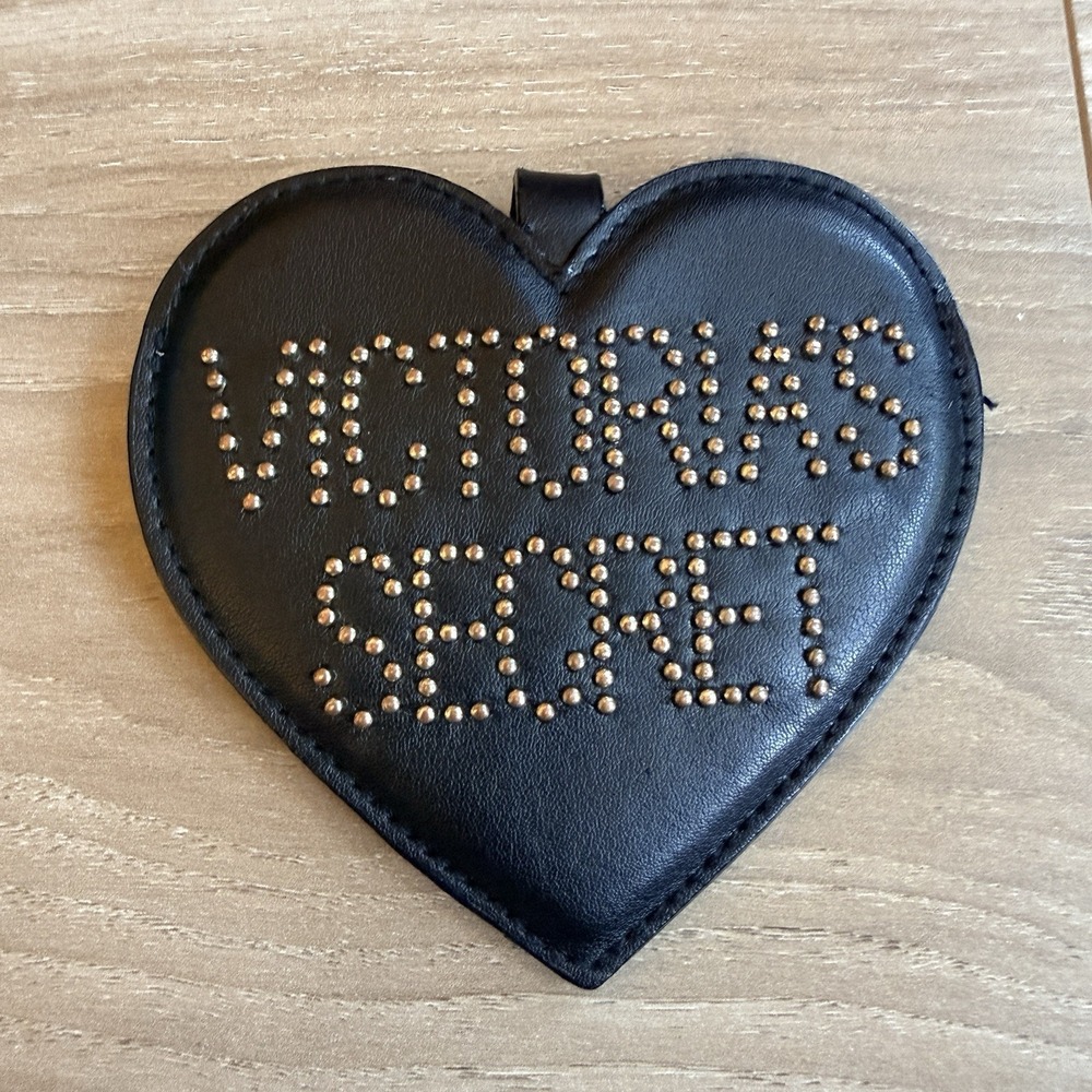 Victorias Secret BlackLeather Studded Heart Shaped Tag‎ Bag Charm Keychain